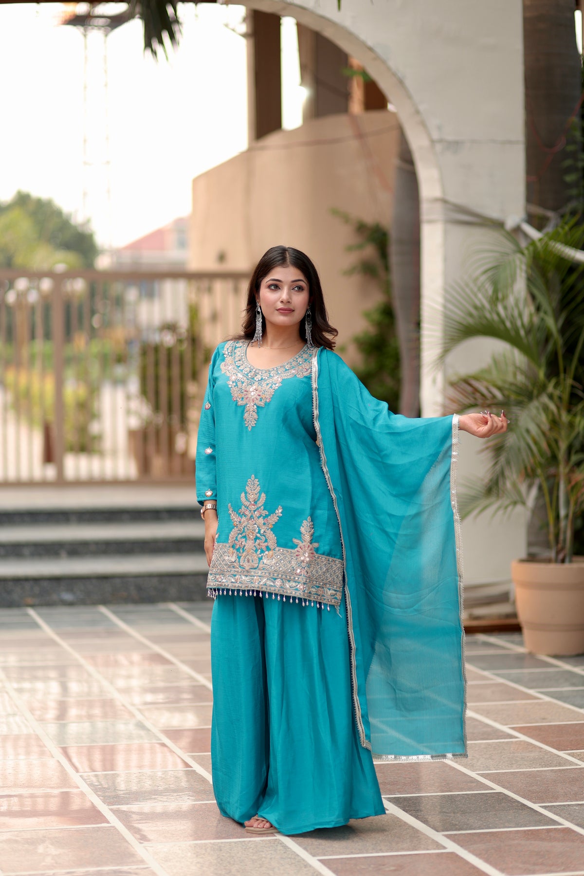Turquoise Blue Embroidered Sharara Suit