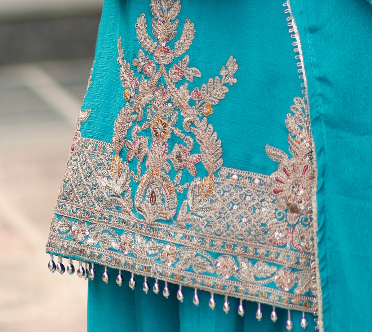 Turquoise Blue Embroidered Sharara Suit