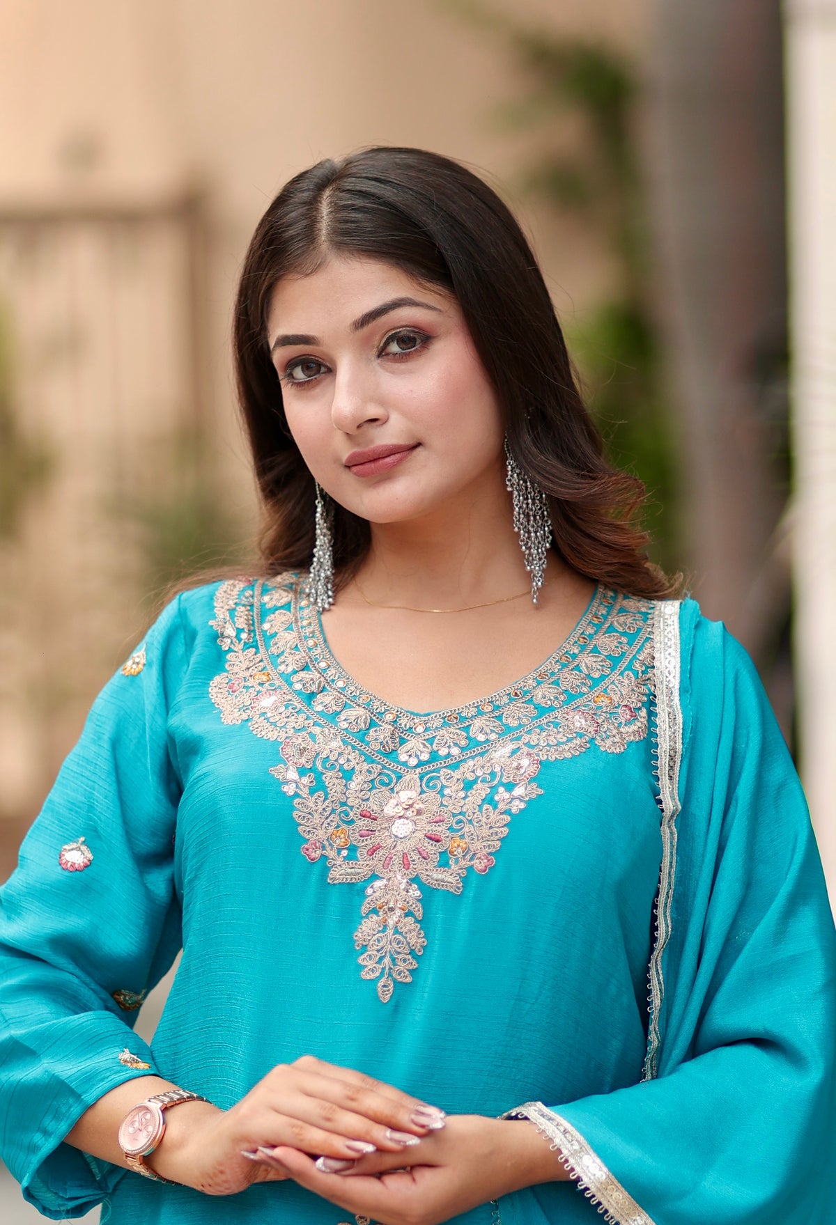 Turquoise Blue Embroidered Sharara Suit